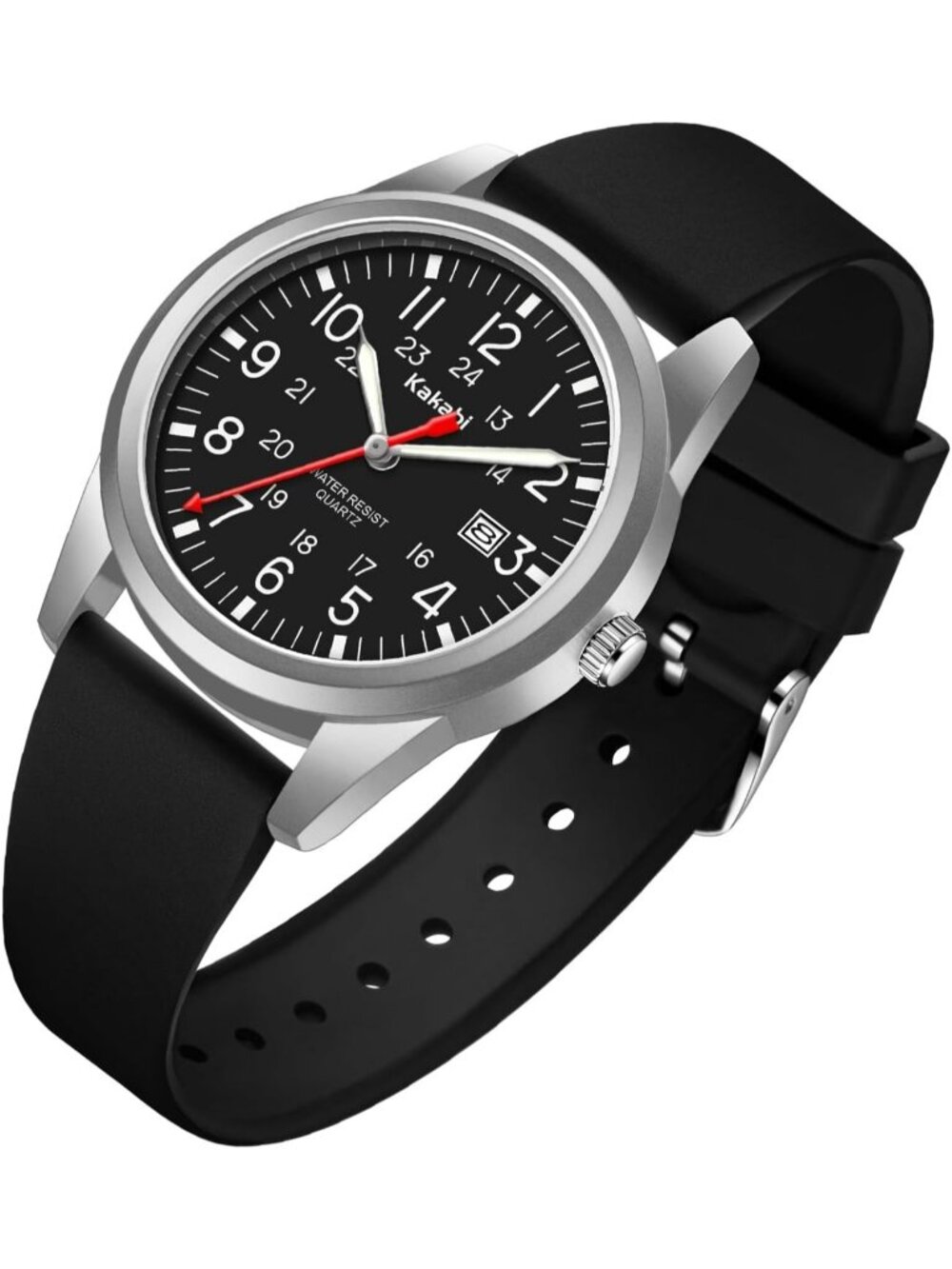 Mens Black Silver Comfortable Silicone Strap Unisex Military Analog Casual Watch